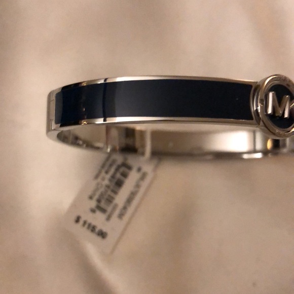Michael Kors Silver Tone Stainless Steel Navy Blue Enamel Bangle MK Logo NWT Box - Picture 8 of 15